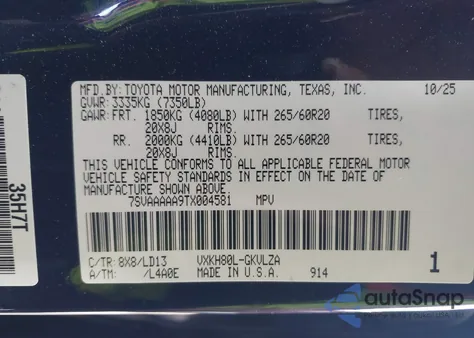 2026 Toyota Sequoia Limited z USA, uszkodzony, nr VIN 7SVAAAAA9TX004581